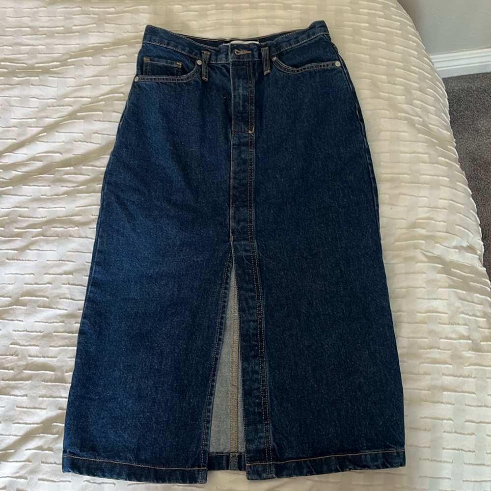 Midi/long dark wash front slit denim skirt